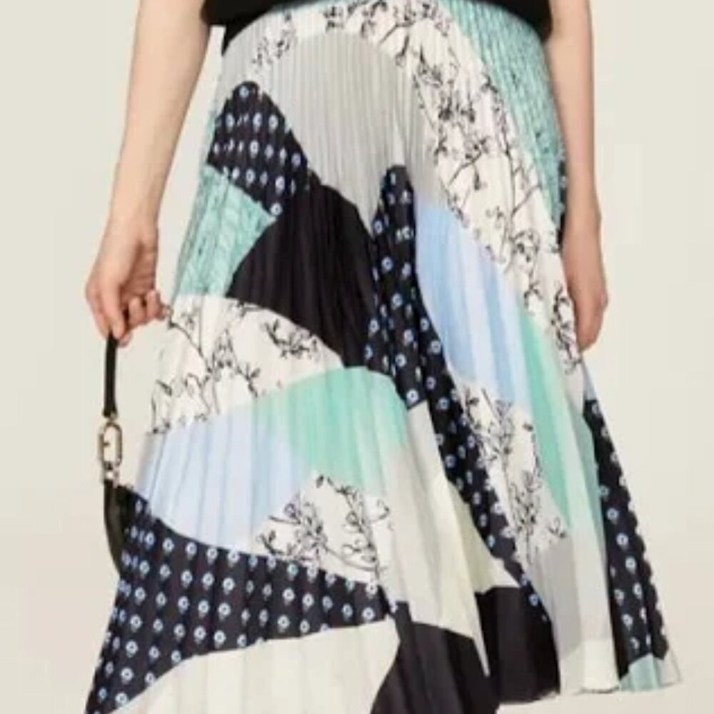 Club Monaco Pleated Full Maxi Skirt Medium Patchwork Blue Cream Spring Classic